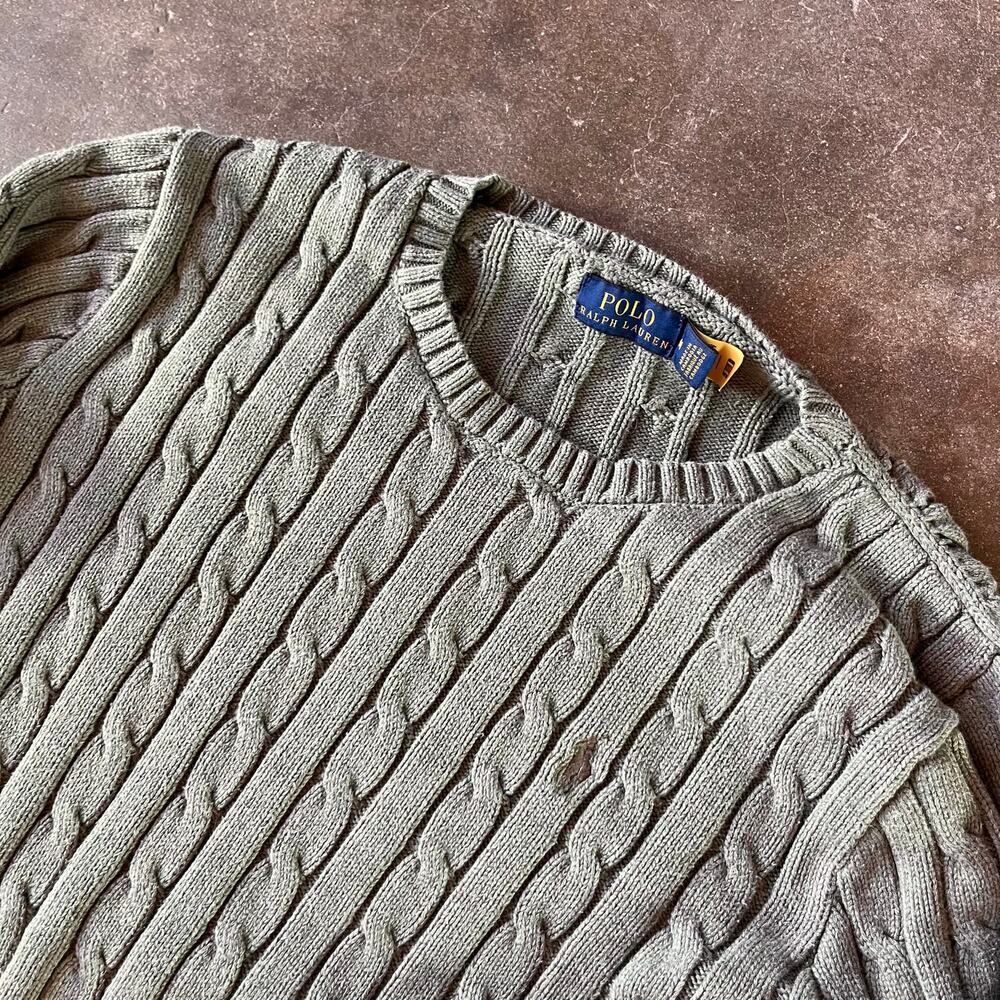 Modern casual women’s cable knit letterman light brown Ralph Lauren sweater